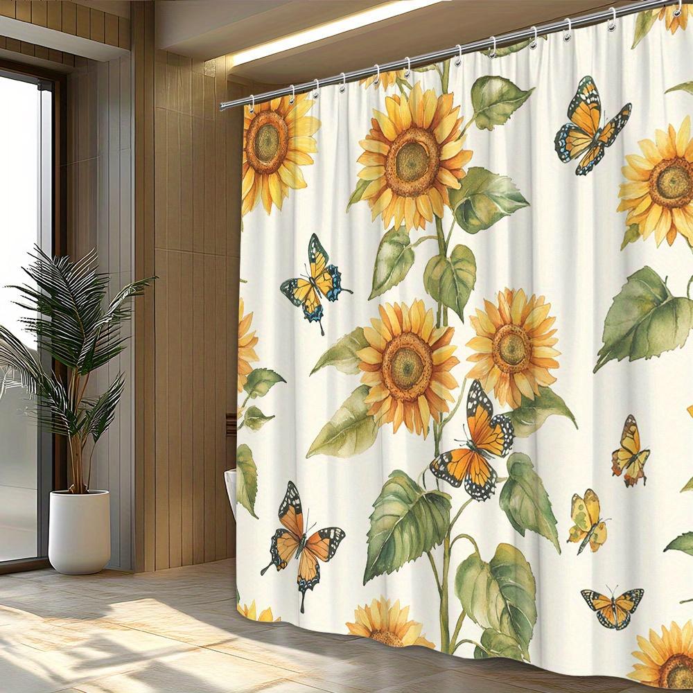 1pc bright sunflower and butterfly shower curtain - polyester fabric, machine washable, suitable for bathroom decoration