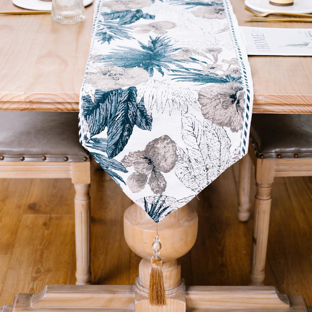 Table Christmas Stylish Decoration Blue Green Floral Table Runner For Home Decor