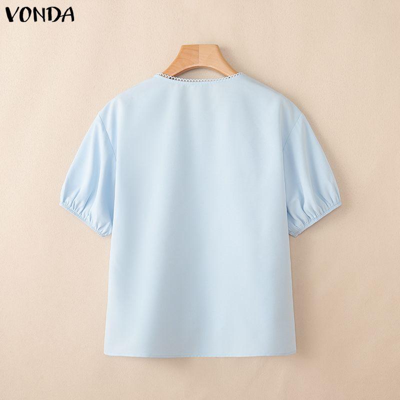 VONDA Summer Women Short Sleeve Lace Hem Casual Ruffled T-shirts Tops Blouse