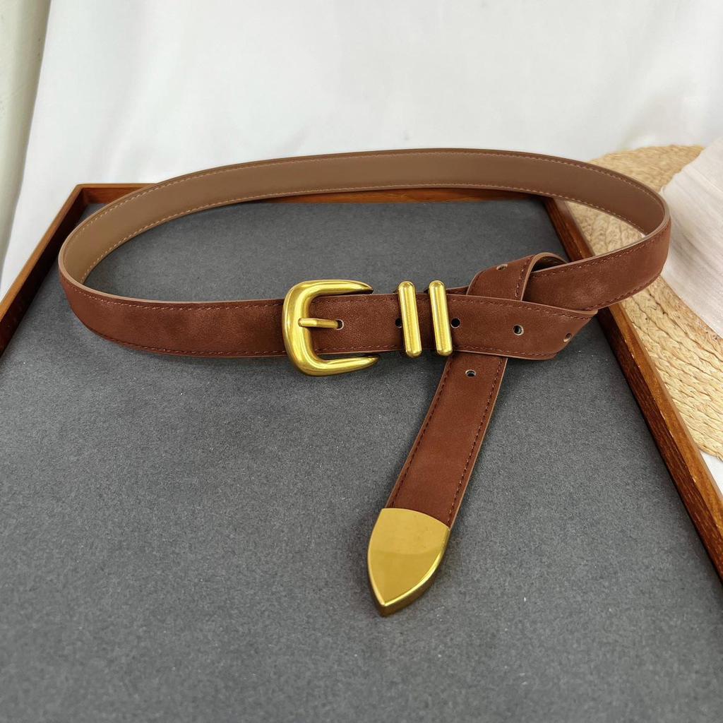 Ceinture Rétro à Boucle Dorée en Daim - Accessoire en Cuir de Vachette Style Myerard pour Pantalon