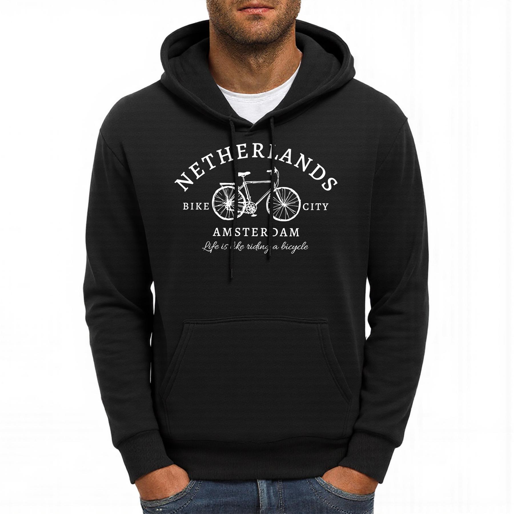 

Netherlands Amsterdam Bike Design Men Hoodies Casual Loose Sportswear Vintage All-Match Clothes Fleece Soft Man Streetwear 3XL