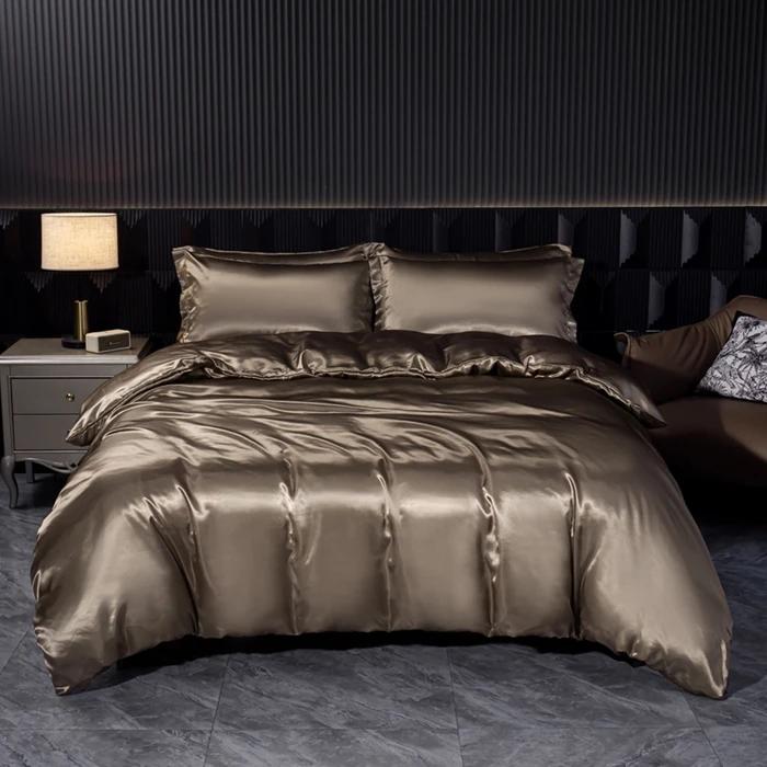 Solid Silk Bedding Set with Duvet Cover Bed Sheet Pillowcases Luxury Satin Single Double Bedsheet King Queen Twin Size