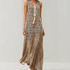Women Loose Dress Vintage Geometric Print V Neck Sleeveless Dress for Beach