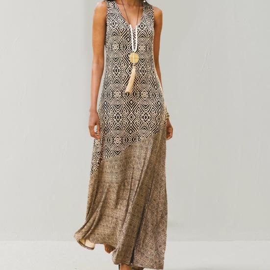 Women Loose Dress Vintage Geometric Print V Neck Sleeveless Dress for Beach