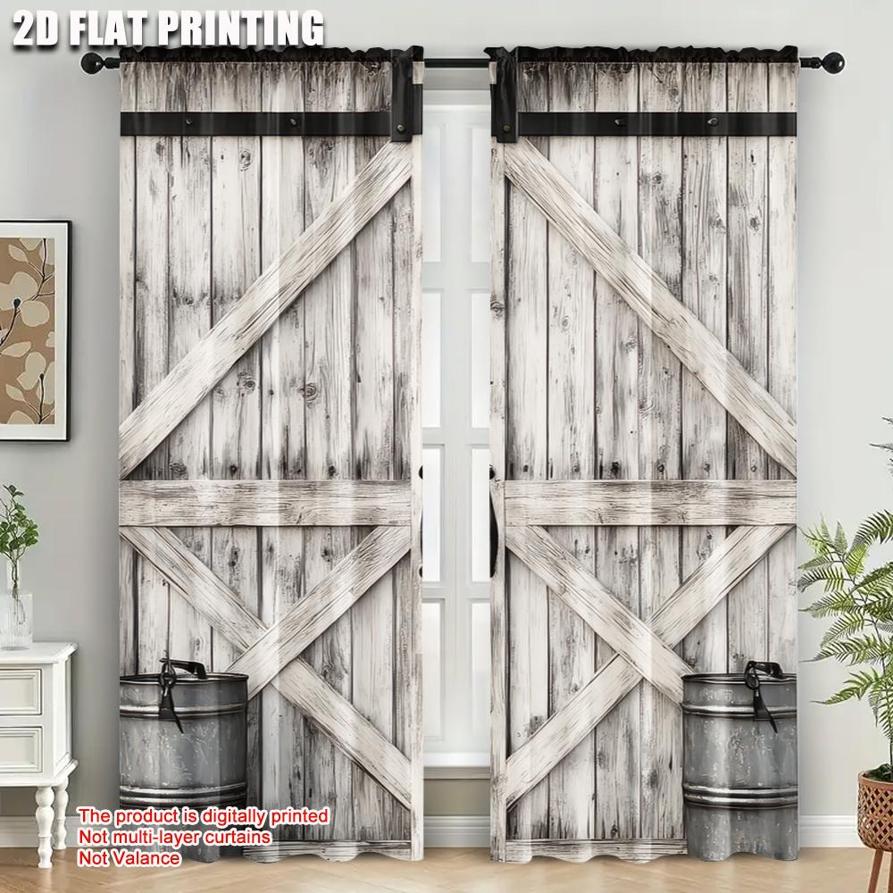 2 Stück Holz Retro Scheunentor Muster Vorhang Landhausstil Dekorativ Bedruckt Lichtfilternder Vorhang für Heimdekoration