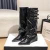 Autumn and winter leatherpointed inner heightening trouser boots women's belt buckle white but knee boots wedge heel knight boots