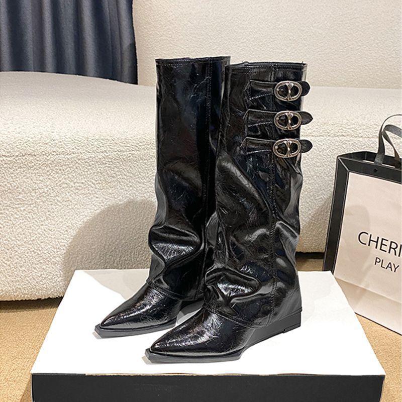 Autumn and winter leatherpointed inner heightening trouser boots women's belt buckle white but knee boots wedge heel knight boots