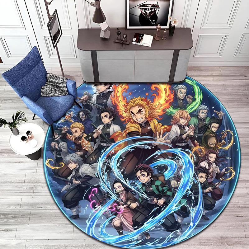 Classic Japanese-style Cartoon Demon Slayer Round Rug, Home Soft Decorative Anti-slip Yoga Mat and Chair Mat, Outdoor Floor Mat Carpet K12