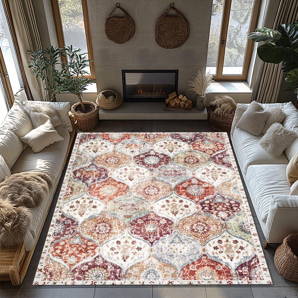 Vintage Bohemian Area Rug, Soft Blue Ethnic Pattern Carpet,Non-Slip Living Room Rug,Washable Low Pile Decor for Bedroom, Hallway