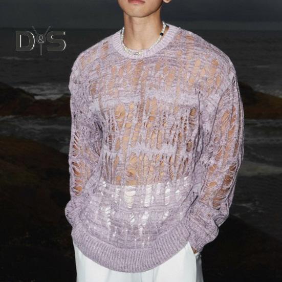 Pánské topy s kulatým výstřihem, s dlouhým rukávem, pletené tričko, pánské oblečení, retro, duté, síťované pletené topy, jarní streetové oblečení