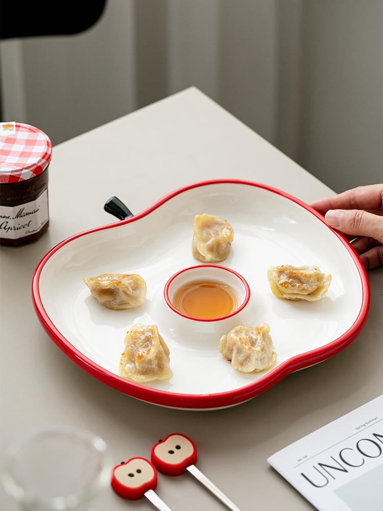 Kreativer Apfelförmiger Knödelteller Weiß Keramik Snackteller mit Essigschälchen Dipsaucen-Teller Spezielles Geschirr
