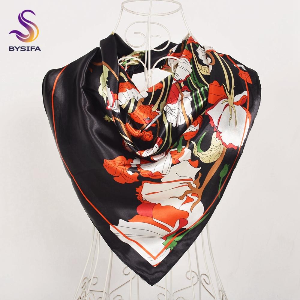[BYSIFA] Women Silk Scarf Shawl Printed Chinese Rose Navy Blue Red Square Scarves 90*90cm Fashion Accessories Headscarves Hijabs