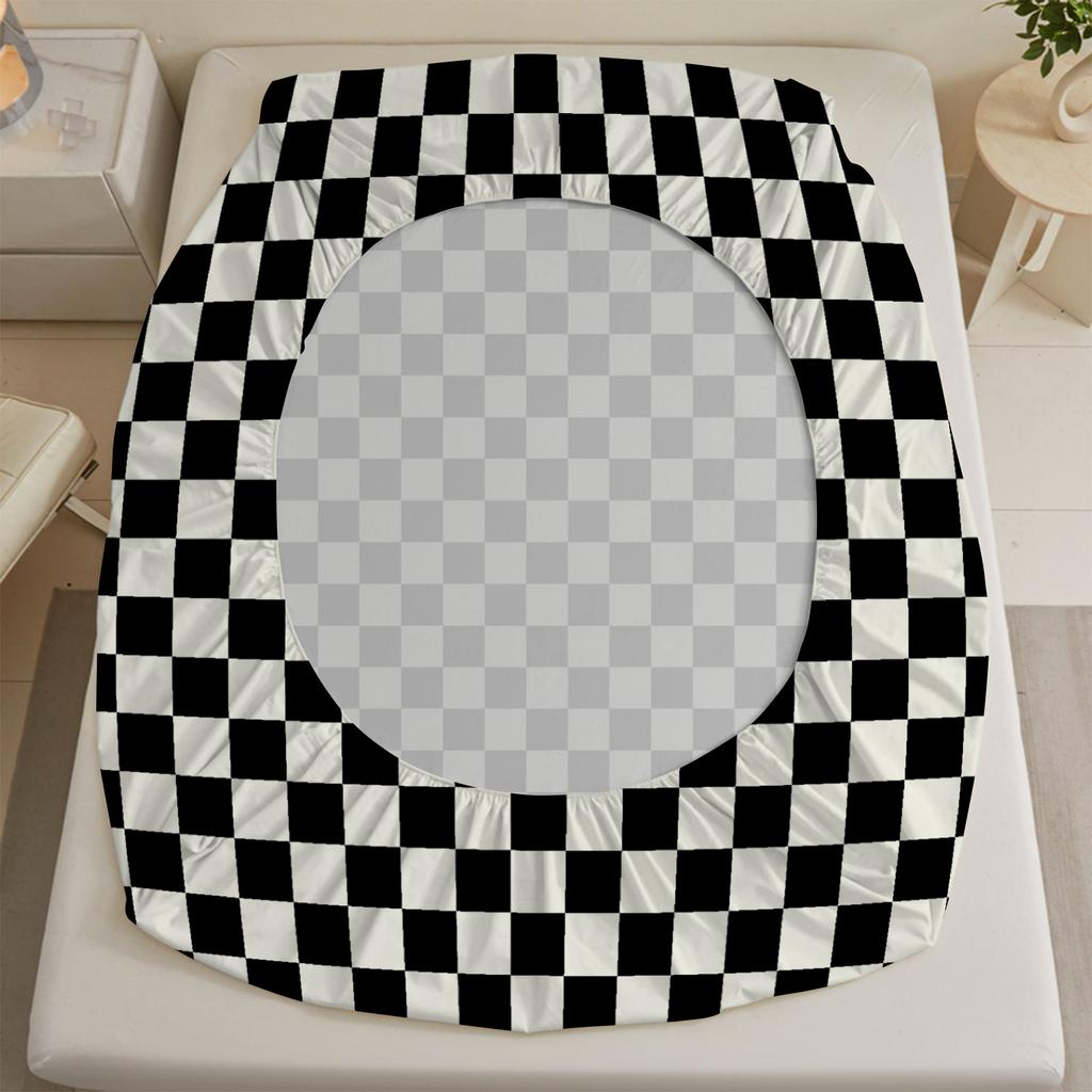 1pc Black White Grid Printed Fitted Sheet 100% Polyester Durable Bedding Set Sheet Ffor Home Bedroom Decoration Birthday Gift