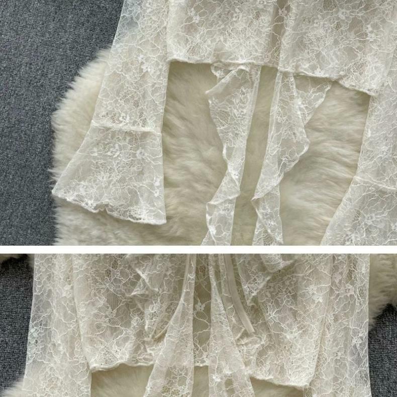 Cardigan estivo in chiffon da donna - Pizzo con balze, Chiusura con laccio sul davanti, Maniche a campana, Sciarpa parasole.