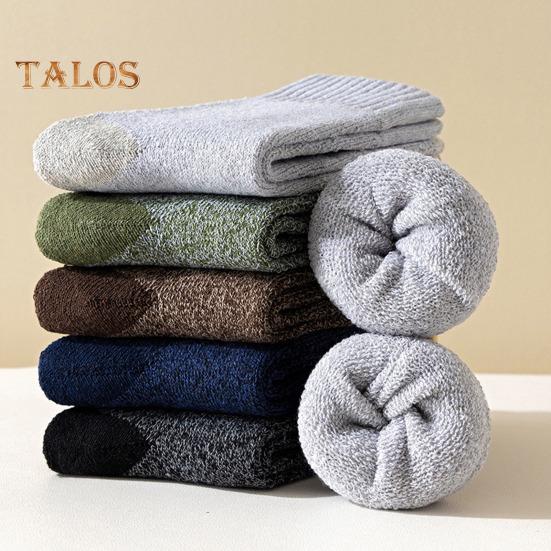 5 Pairs Men Winter Socks Thick Plush-lined Mid-tube Thick Keep Warm Solid Color Anti-slip Knitted Daily Wear Sport Socks for Hiking Camping Skiing