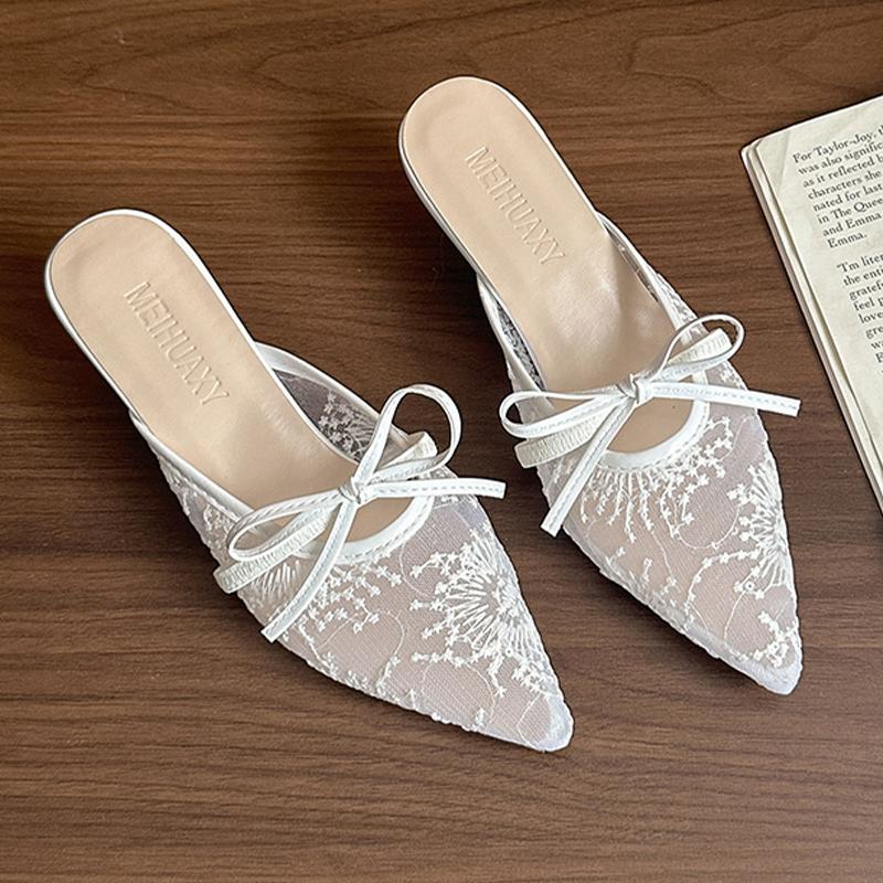 Fashion Bow Women Slippers Pointed Toe Fashion Mules Shoes Elegant Sexy Woman Sandals 2025 Summer Slingback Pumps Luxury Zapatos Mujer