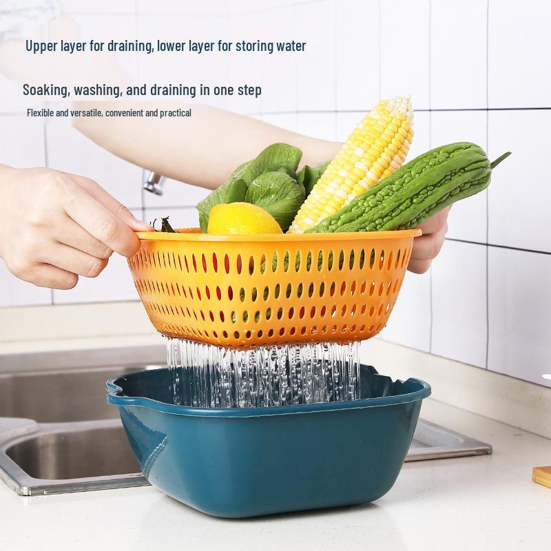 Thickened Six-Piece Double-Layer Drain Basket Set for Kitchen and Produce Washing