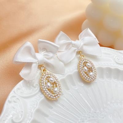 Retro Court Style Fabric Bow Temperament High Atmosphere Niche Freshwater Pearl Earrings