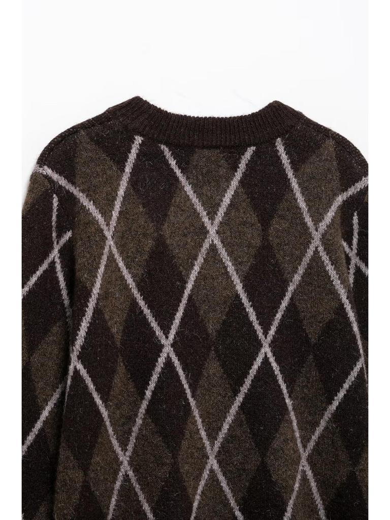 Pulover tricotat pentru femei, stil european și american, retro, cu mâneci lungi și model diamant