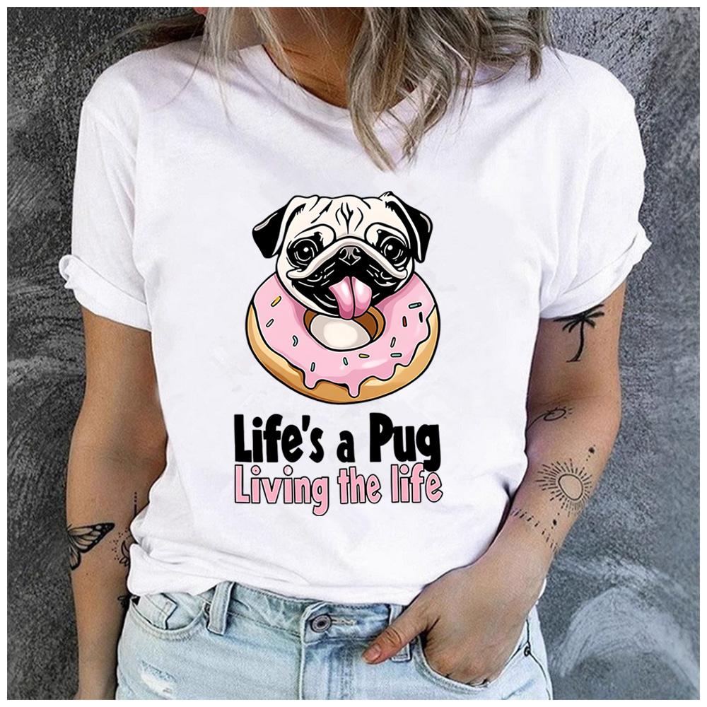 Cotton Lifes a Pug Living the Life Donut Pug Graphic Women TShirt Cute Dog Lover Casual Short Sleeve Tee