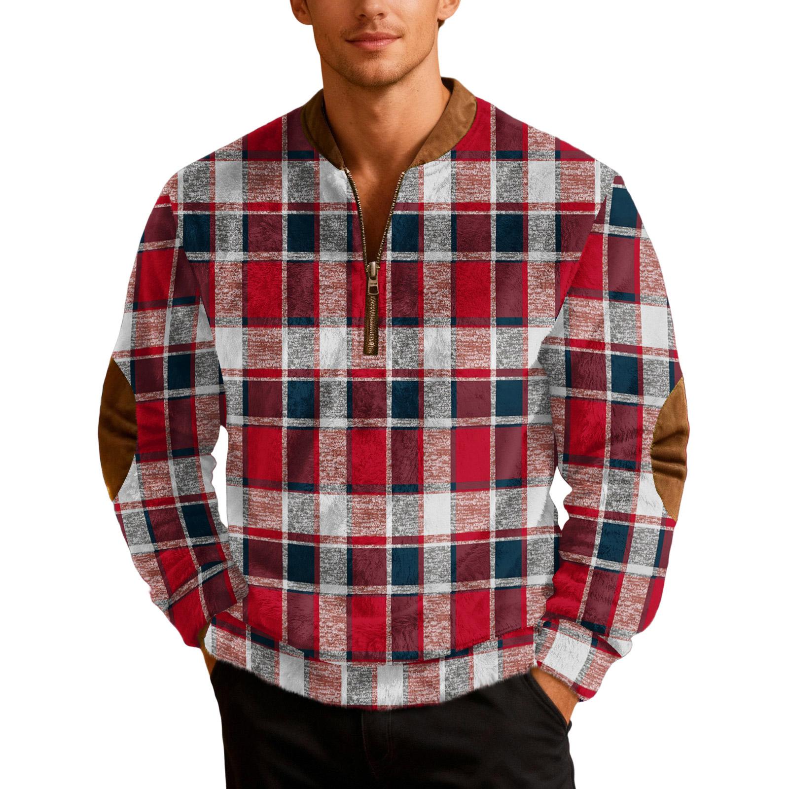 

Мужская повседневная толстовка с полумолнией, в клетку, в стиле ретро, с длинным рукавом, спортивная XL винный