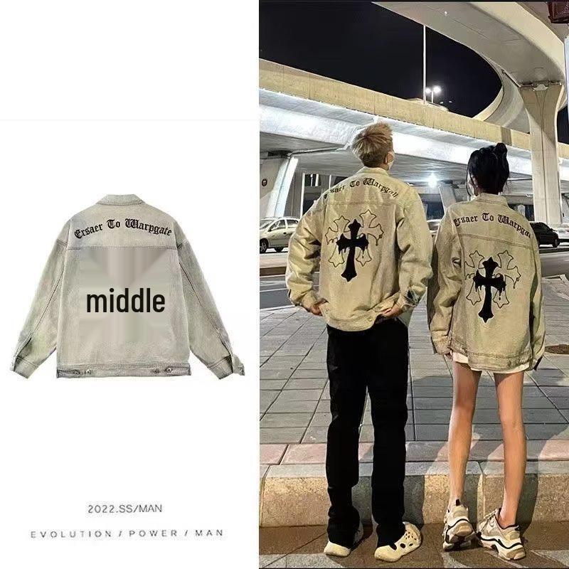 

Men s Retro American High Street Vibe Denim Jacket - Casual Lapel Workwear for Couples, Trendy European Style L