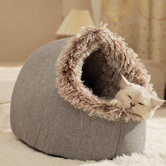 Warm Cat Cave Bed Cozy Pet Calming Nest Plush Hooded Cat Bed Fluffy Winter