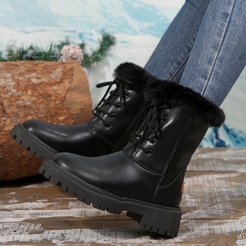 Pantofi Mărimi Mari 2024 pentru Femei Cizme de Damă Până la Mijlocul Gambei Cizme Moderne Călduroase Femei Cu Șireturi În Față Vârf Rotund Pantofi cu Toc Mediu Femei