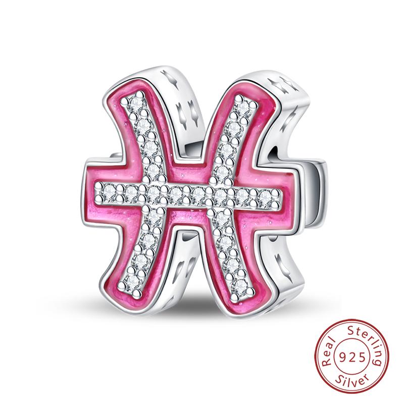 New 100% 925 Silver Twelve Constellation Series Pink Charms Beads Fit Qikaola Bracelets DIY Birthday Jewelry