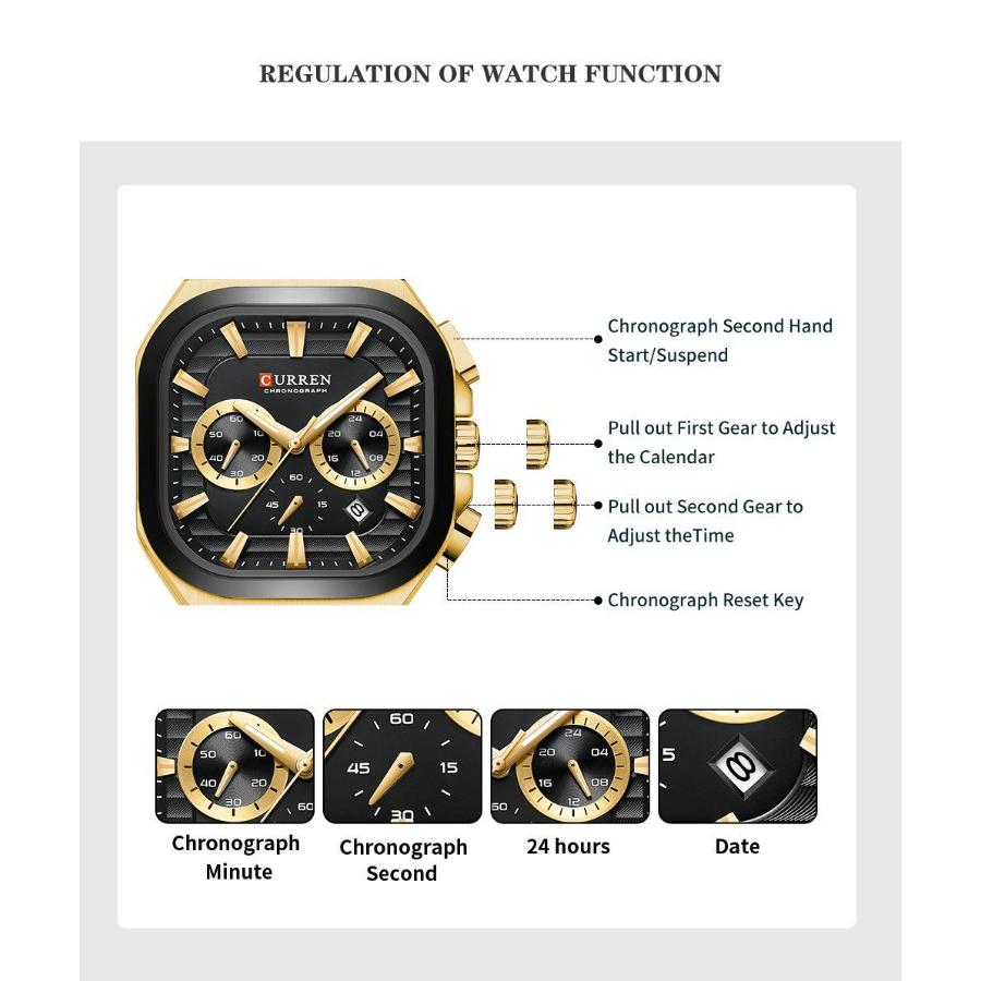 CURREN Men Square Quartz Watch Multifunction Chronograph Green Dial Waterproof Calendar Stainless Steel Mens Business Wristwatch