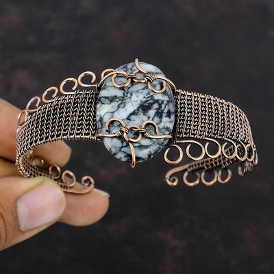 Pinolith Jasper Bangle Copper Wire Wrapped Cuff Bracelet Adjustable Bangle Engagement Gift Handmade Gemstone Bangle Copper Wire Wrap Jewelry