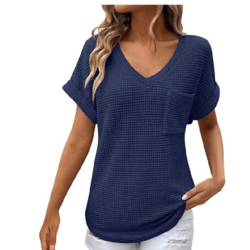 2026 Women's V-neck Summer Waffle Pocket Short Sleeve T-shirt