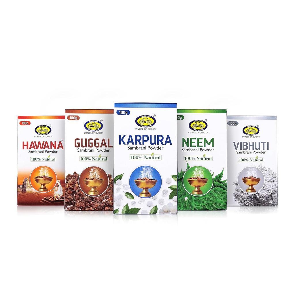 Cycle Pure Sambrani Powder Pack of 5 – 100 GM Each, Original Aromatic Pooja Powder for Daily Puja & Festivals Guggal, Hawana, Vibhuti, Karpura & Neem