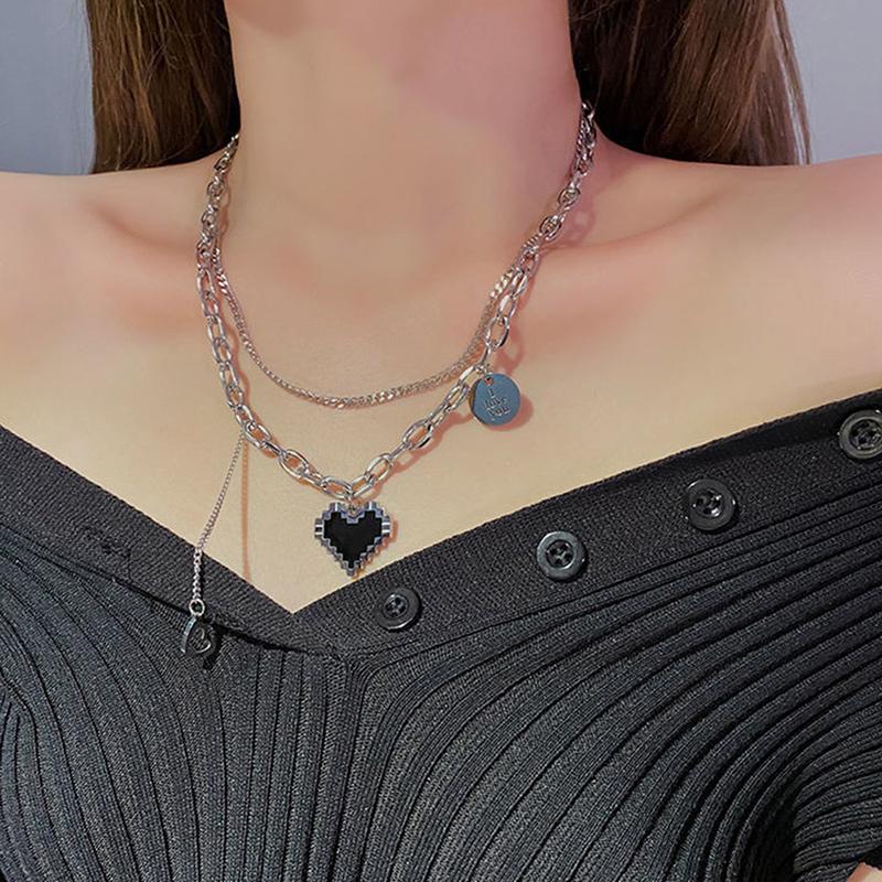 Black Love Heart Necklace Fine Double Link Chain Necklace Simple Letter Pendant Clavicle Chain Jewelry Gift