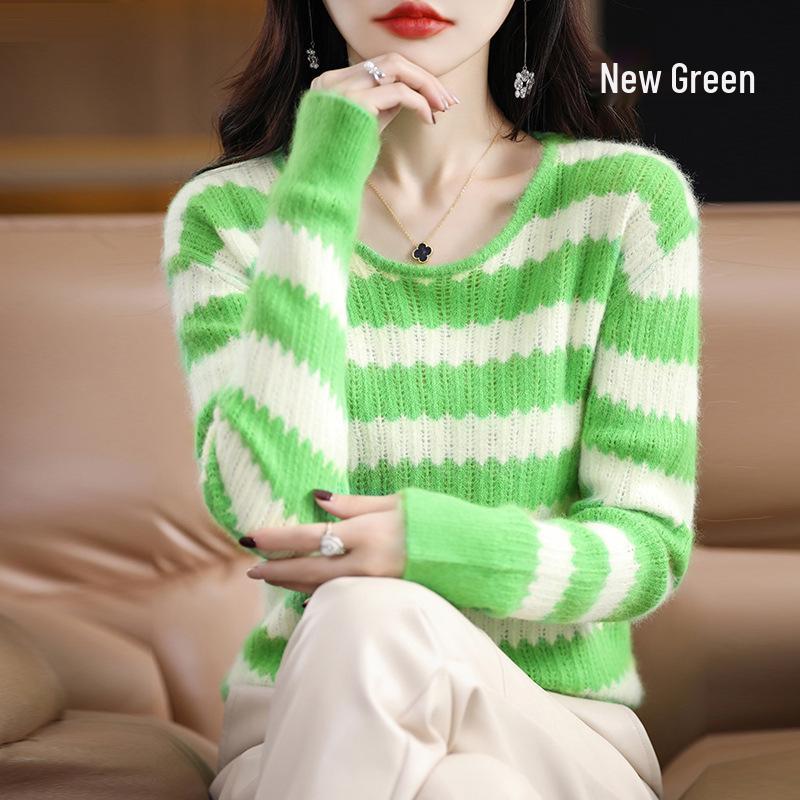 2025 Autumn/Winter Women's Mink Cashmere Color Block Round Neck Sweater – Hollow Out, Warm, Loose Fit