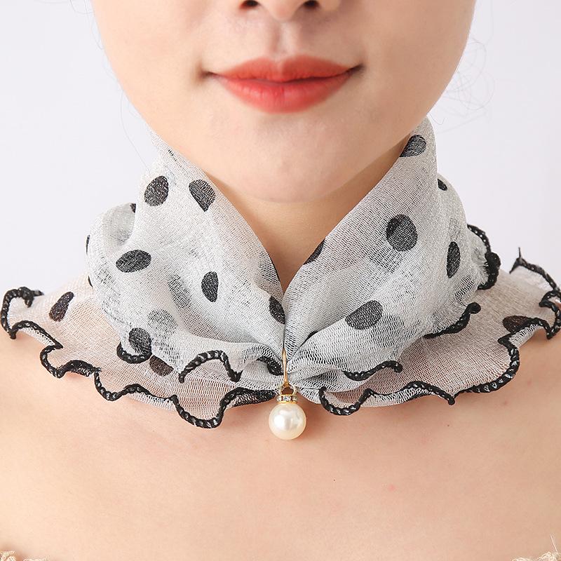 Fashion Printed Gauze Scarf Pearl Pendant Scarf Spring Lightweight Muffler Women Decorative Small Silk Scarf Headband