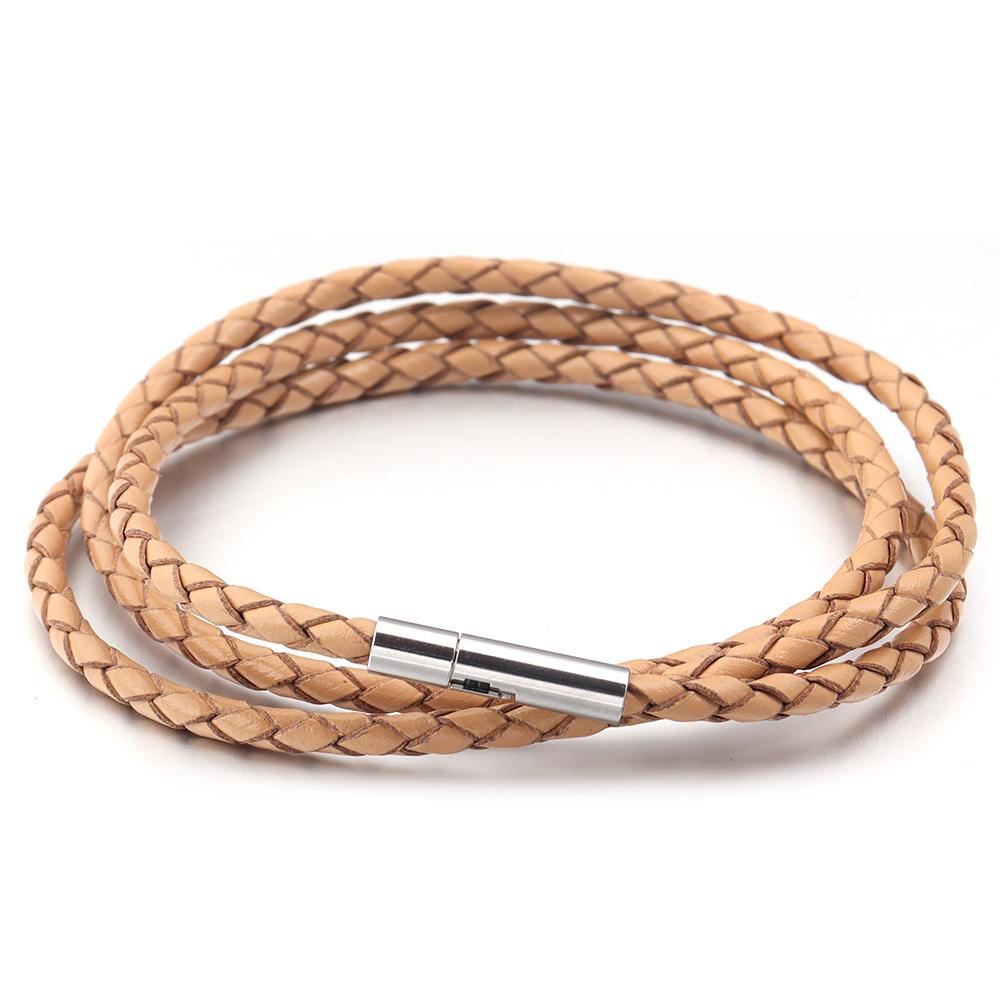 1pc Genuine Braided Leather Bracelet Classic Three Layer Stainless Steel Clasp Bracelet For Men Women Jewelry Making Charm Gifts