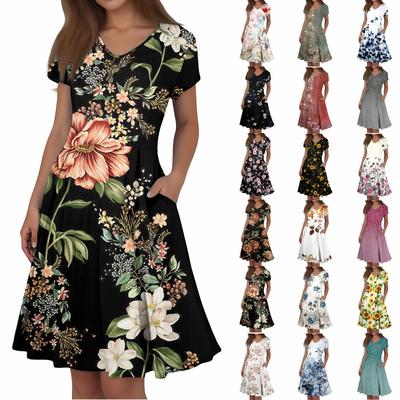 Damen Sommer Casual Print V-Ausschnitt Kurzarmkleid mit Taschen