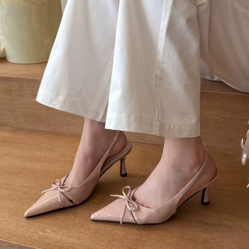 2025 Versatile Womens Sandals with Slim Heel Close Toes Elastic Band Bow Anti Slip Summer Outdoor PU Pink/beige Fashion Sandals