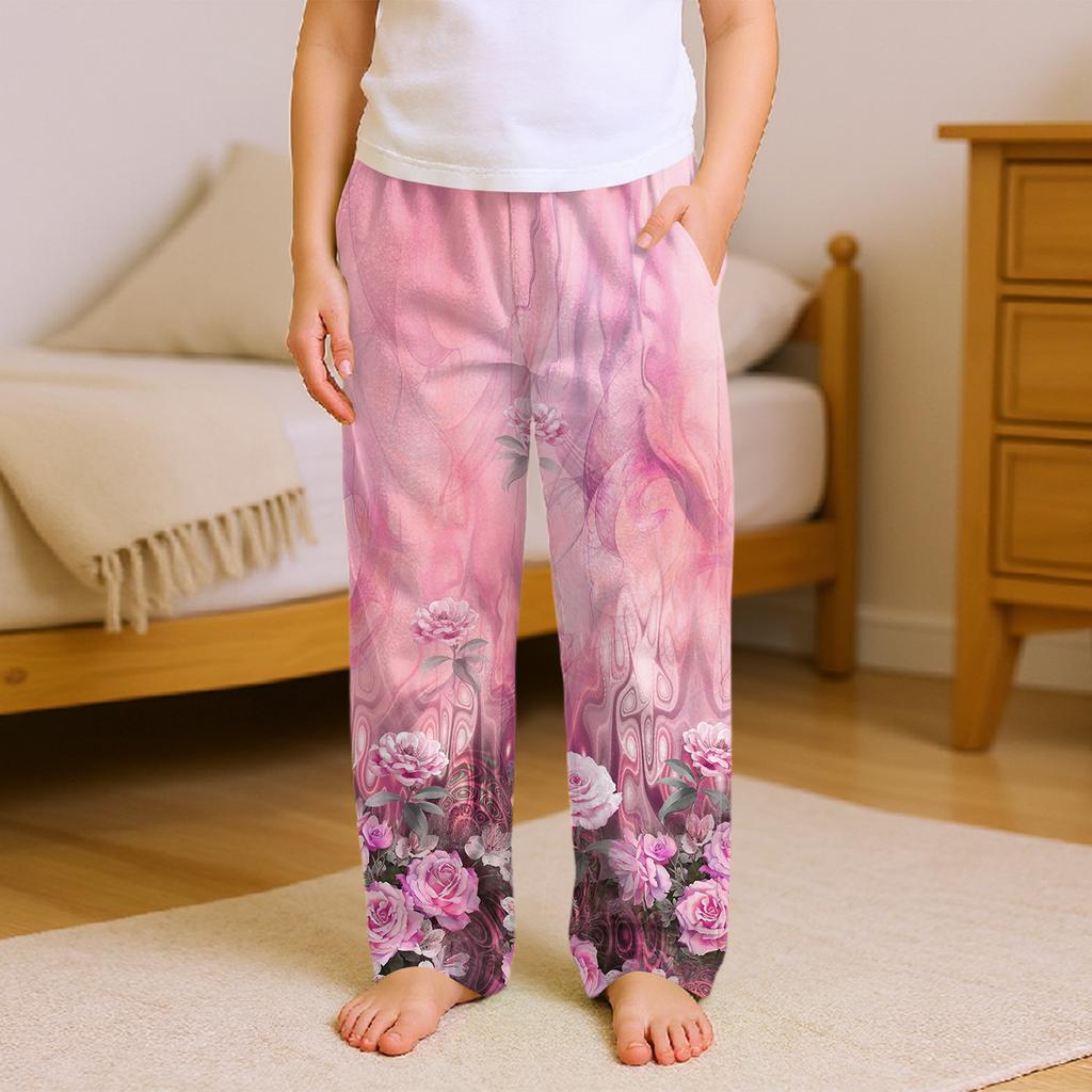 Fashionable Children's Versatile Retro Floral Print Pocket Casual Pants