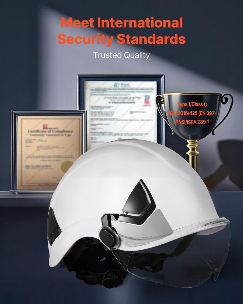 Industrial Safety Helmet, ANSI/ISEA Z89.1 Approved ABS Hard Hat with Visor & 6-Point Ratchet Suspension, Adjustable Vented Hardhat for Men & Women,