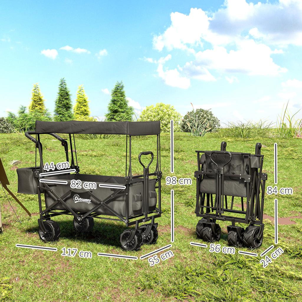 Folding Trolley Cart Storage Wagon Beach Trailer 4 Wheels with Handle Overhead Canopy Cart Push Pull for Camping, Black