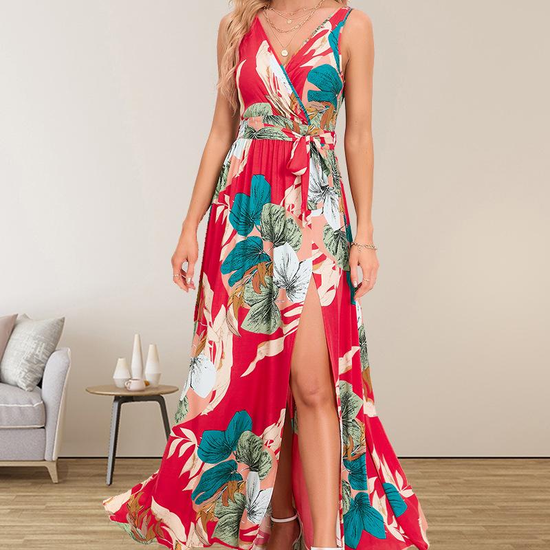 European and American women's clothing summer new, double V-neck sleeveless slit printing long suspender dress women
