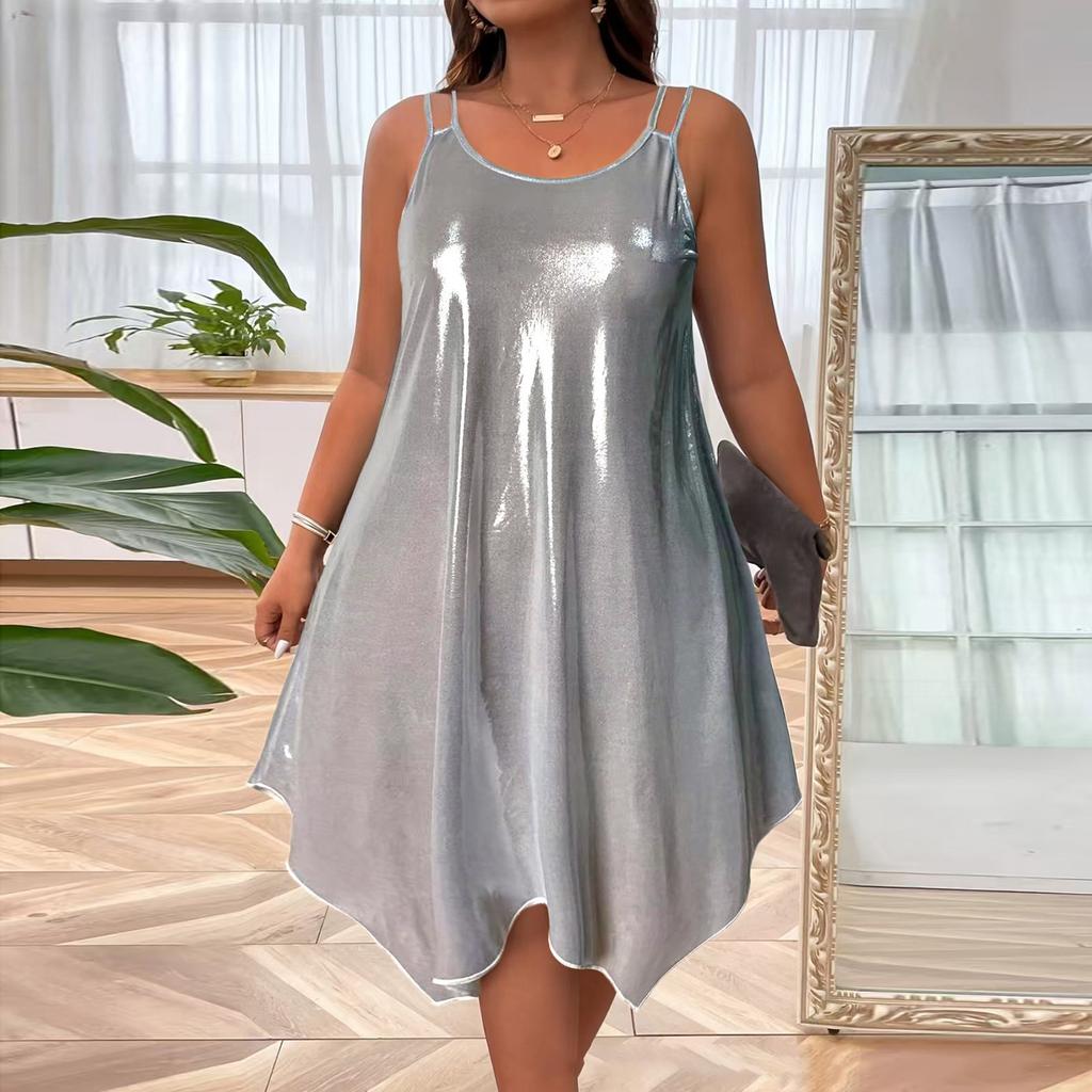 Women's Fashionable Solid Color Round Neck Asymmetrical Hem Sleeveless Camisole Dress