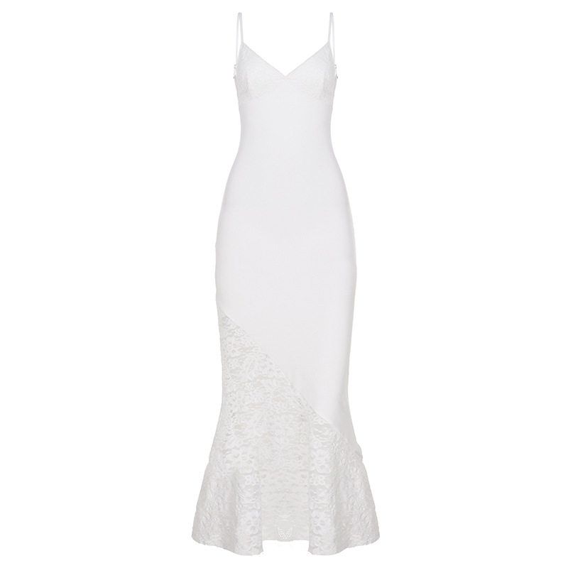 French-Style Retro Socialite V-Neck Lace Patchwork Spaghetti Strap Long Dress, New Summer Elegant Slimming Dress White S