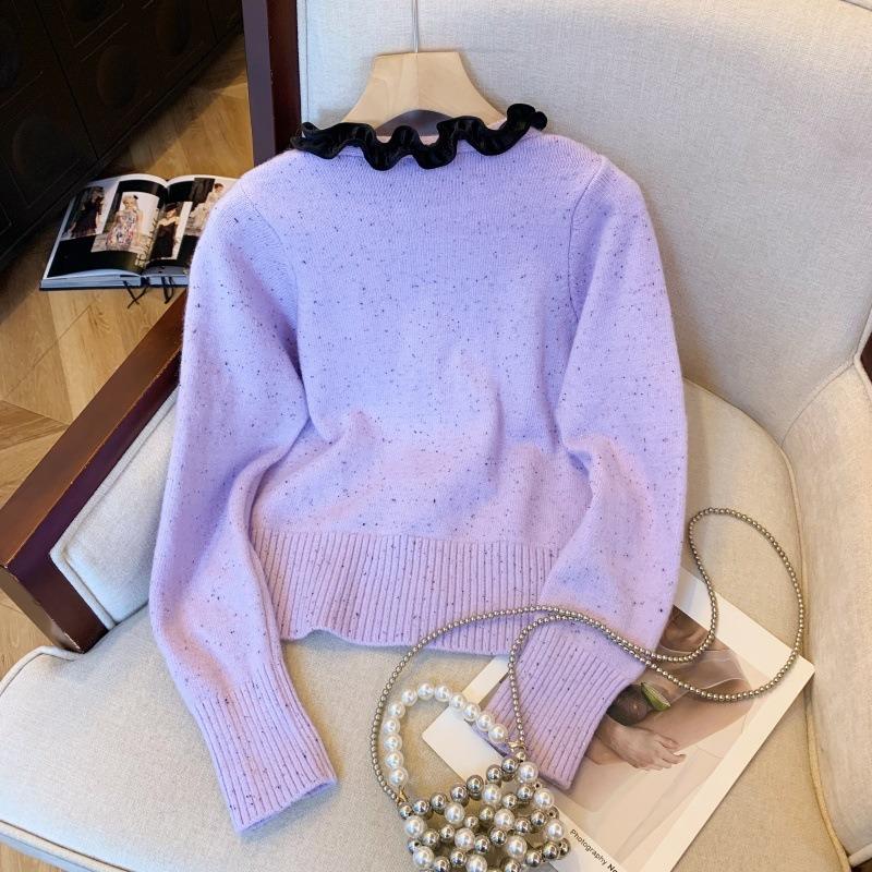 Temperament Bow Knitted Sweater Women's New Autumn and Winter Waist Thin Sweater Slim Short Top