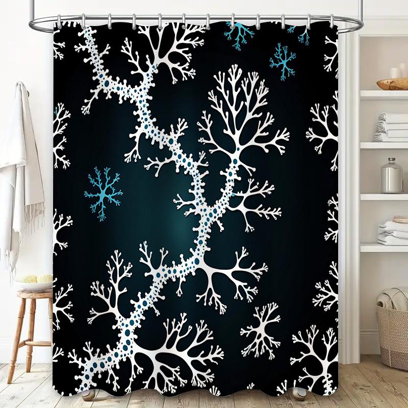 Stylish Coral Reef Print Shower Curtain for Bathroom Decoration Waterproof Home Decor Blue Snowflakes White Branches Pattern (18
