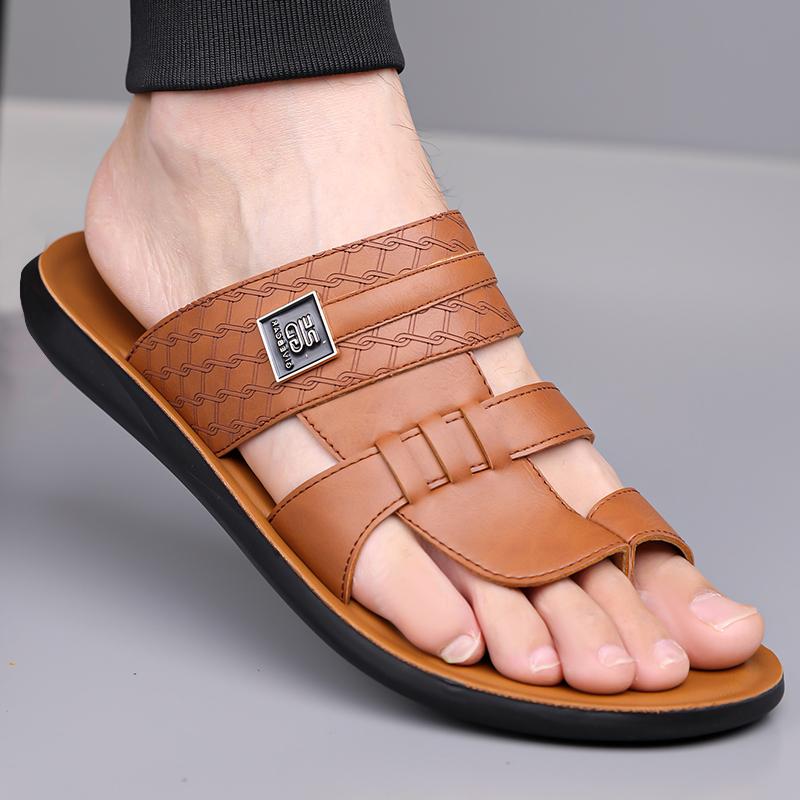 Men Black Leather Slippers Handmade Simple Flats Summer White Outdoor Roman Sandals Brown Open Toe Beach Shoes Plus Size