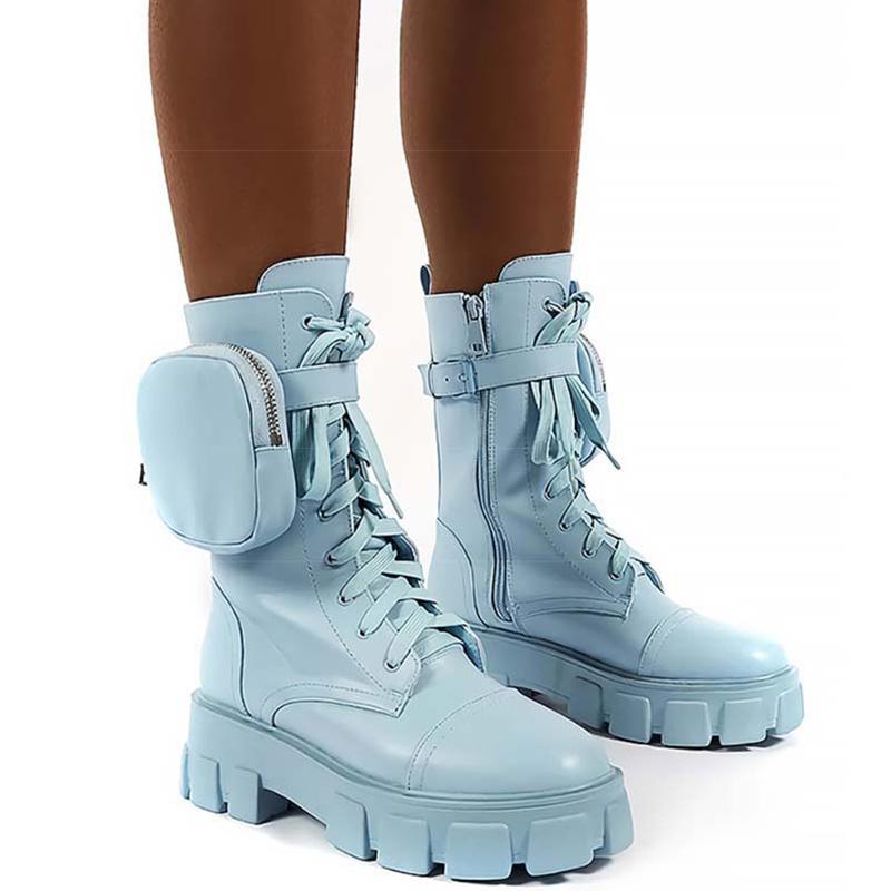 fashion 2024 Women Pocket Boots Lace Up Ladies Boots Fashion Female Buckle Strap Black Chunky Pouch Boots Woman Platform