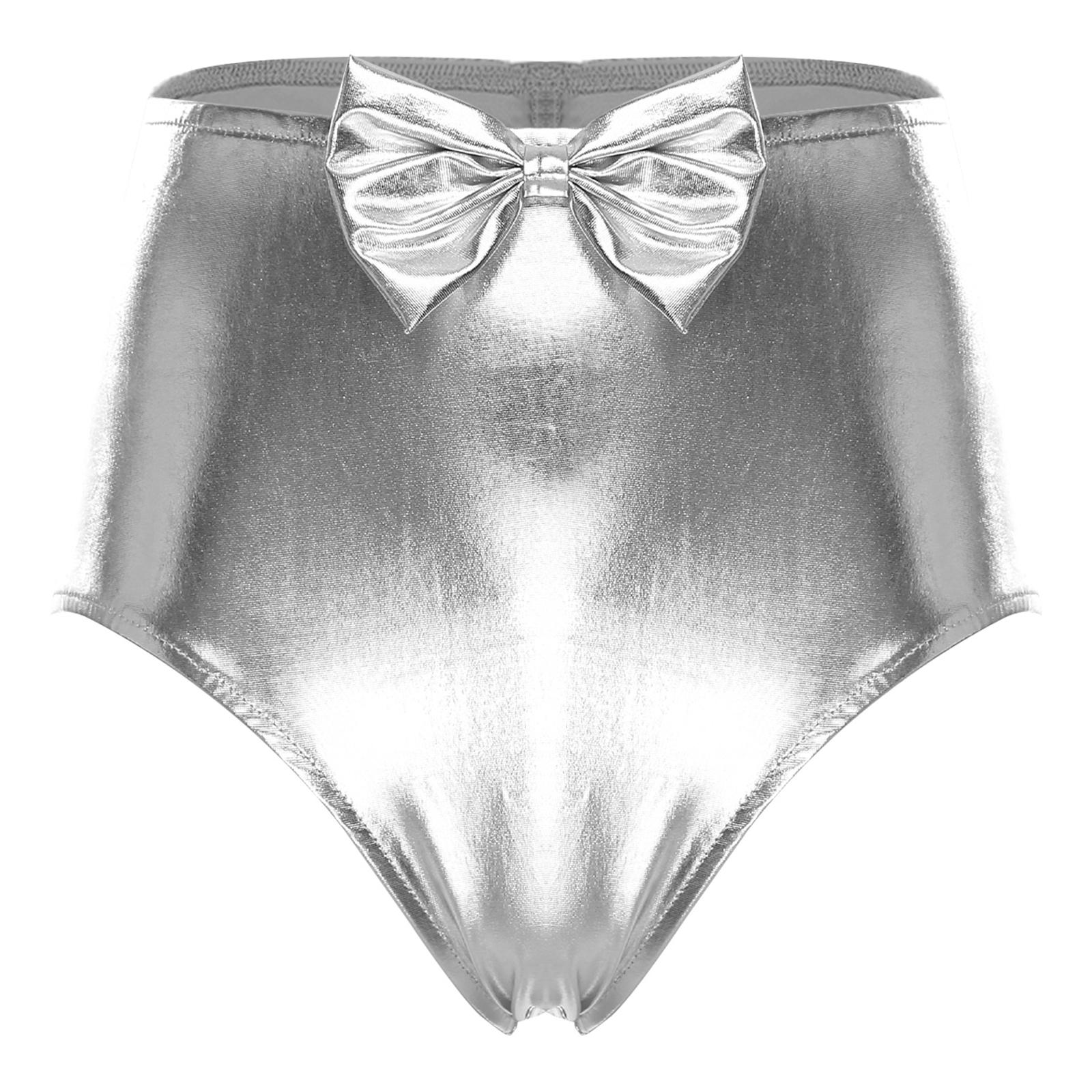 

Womens Iridescent Metallic Hot Pants Front Bow Back Ruched High Waist Booty Shorts S срібний